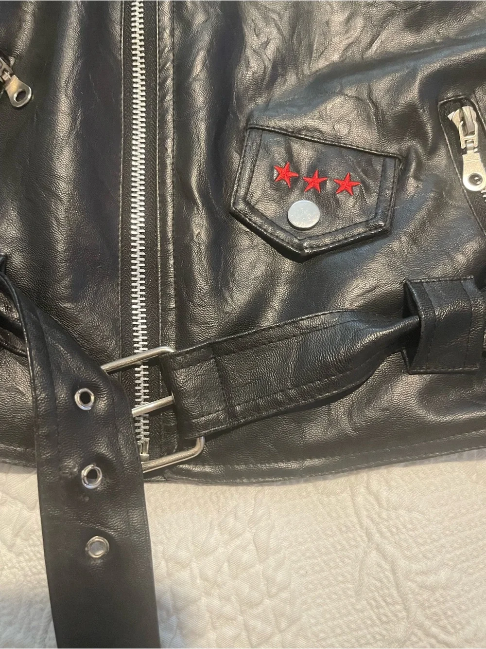 Kids 3T Black Faux Leather Moto Jacket with Star Pocket Embroidered Patches. Zip